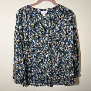 ✨ J. Jill Women’s Blue Green Gold Floral Long Sleeve Blouse Medium